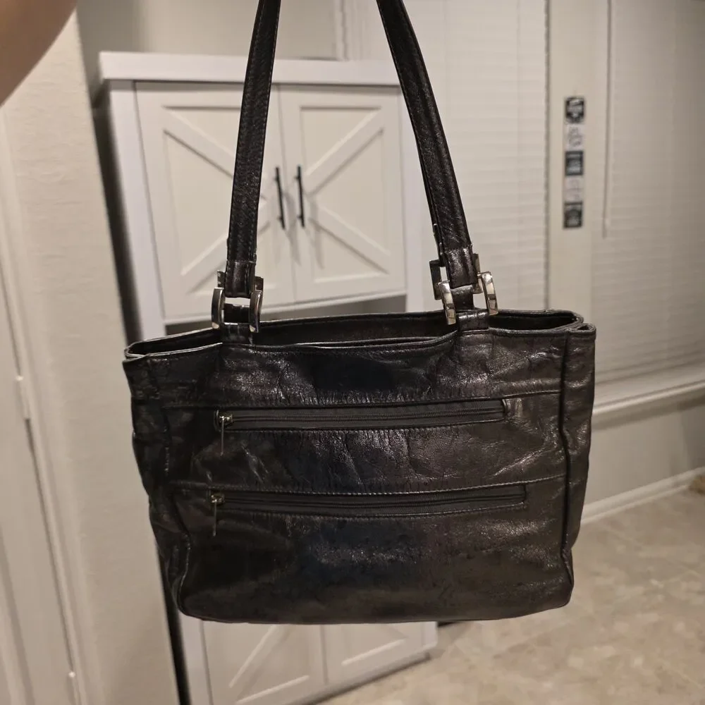 Vintage SHS Metallic Black Textured Leather Multi-Zip Shoulder Bag